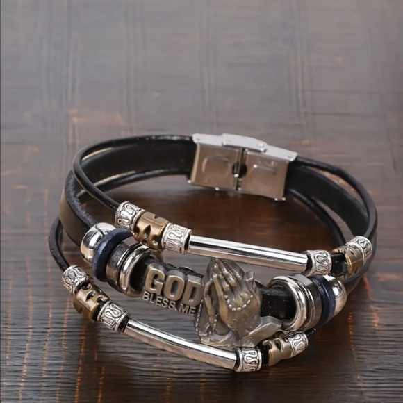 Black and Silver Bracelet with God Bless Me Charm - Picture 2 of 4